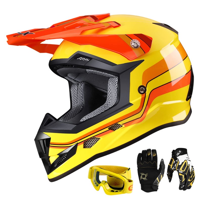 GLX GX623 Youth ATV/Dirt Bike Helmet Combo - Retro Yellow, X-Large - DOT - Image 1